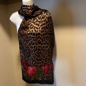 Dolce&Gabbana Leopard Print Scarf with Red Floral Accents 16”x61”